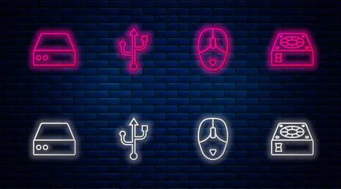 Set line USB, Computer mouse, Server, Data, Web Hosting and cooler. Glowing neon 스톡 일러스트