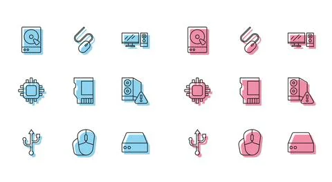 Set line USB, Computer mouse, Hard disk drive HDD, Server, Data, Web Hosting, Stock Illustration