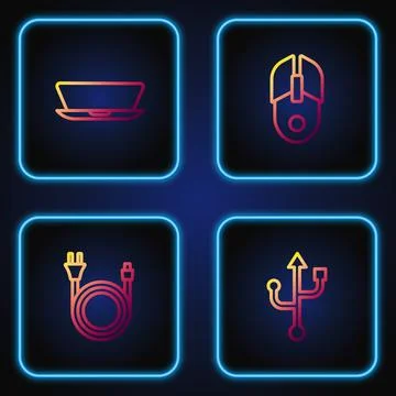 Set line USB, Electric plug, Laptop and Computer mouse. Gradient color icon.. Illustrazione stock