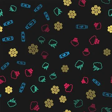Set line USB flash drive, Storm, Snowflake and Cloud with snow on seamless Stock Illustration