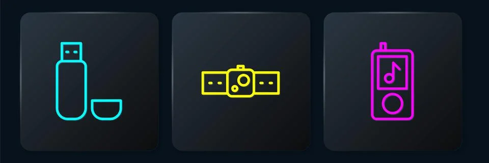 Set line USB flash drive, Music player and Smartwatch. Black square button Stock Illustration