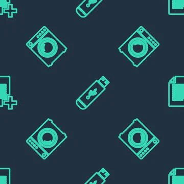 Set line USB flash drive, Washer and Add new file on seamless pattern. Vector Illustrazione stock