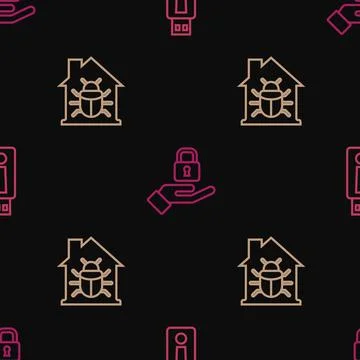 Set line USB flash drive, House system bug and Lock in hand on seamless pattern Illustrazione stock