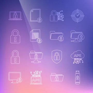 Set line USB flash drive with lock, Cloud api interface, FTP folder and, Cyber Stock Illustration