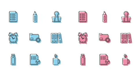 Set line USB flash drive, Document and check mark, File document, Cup of tea イラスト素材