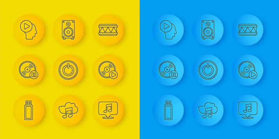 Set line USB flash drive, Vinyl disk, Power button, Musical note speech bubble Stock Illustration