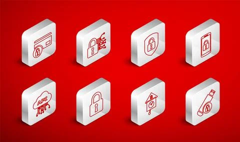 Set line USB flash drive with lock, Cyber security, Shield, Smartphone, Retro イラスト素材