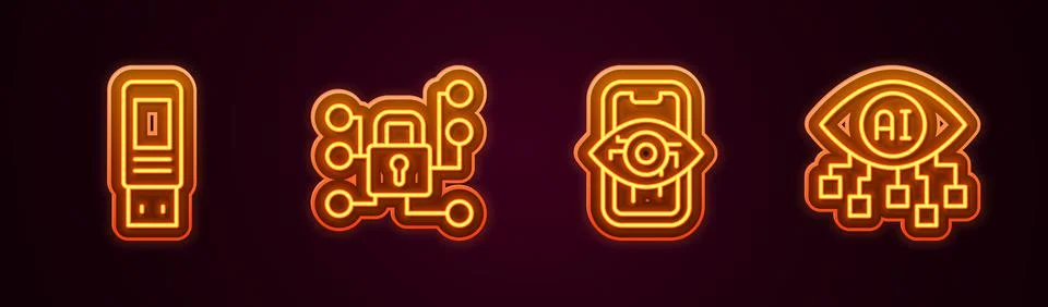Set line USB flash drive, Cyber security, Computer vision and . Glowing neon Illustrazione stock
