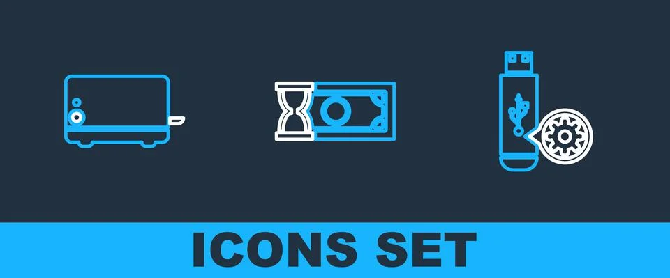 Set line USB flash drive setting, Toaster and Fast payments icon. Vector Stock Illustration