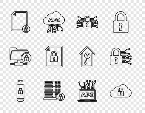 Set line USB flash drive with lock, Cloud computing, Cyber security, Server 스톡 일러스트