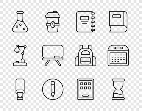 Set line USB flash drive, Old hourglass, Notebook, Pencil, Test tube, Chalkboard Stock Illustration