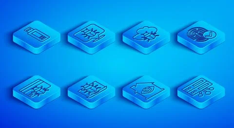 Set line USB flash drive, System bug, on cloud, monitor, House with eye scan Stock Illustration