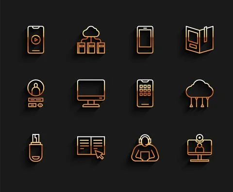Set line USB flash drive, Online book, play video, Student, Video chat Stock Illustration