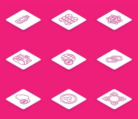 Set line USB flash drive, Blockchain technology, Bitcoin, Cryptocurrency wallet Stock Illustration