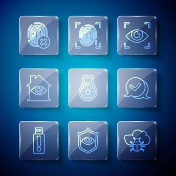 Set line USB flash drive, Shield and eye, System bug on cloud, Eye scan, Safe Stock Illustration