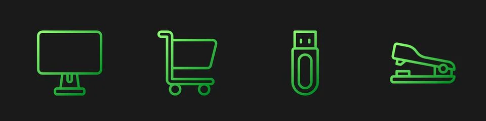 Set line USB flash drive, Computer monitor, Shopping cart and Stapler. Gradient イラスト素材