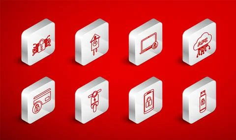 Set line USB flash drive with lock, Retro wall watch, Laptop and, Cloud api Stock Illustration