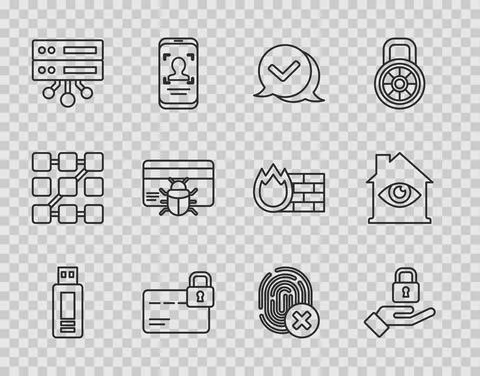 Set line USB flash drive, Lock in hand, Check mark speech bubble, Credit card Stock Illustration