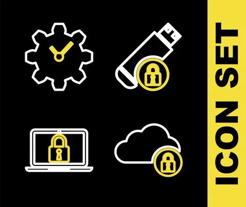 Set line USB flash drive with lock, Cloud computing, Laptop and and Time 스톡 일러스트