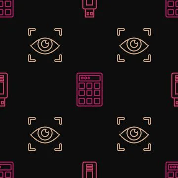 Set line USB flash drive, Eye scan and Password protection on seamless pattern Stock Illustration