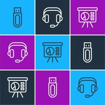 Set line USB flash drive, Board with graph and Headphones icon. Vector Stock Illustration