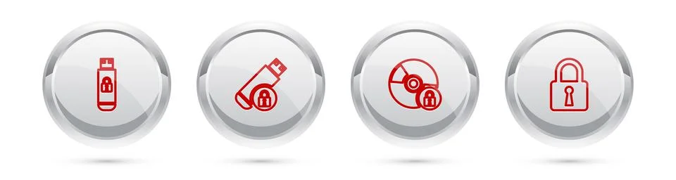 Set line USB flash drive with lock, , CD or DVD disk and Lock. Silver circle Illustrazione stock