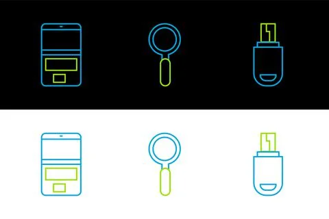 Set line USB flash drive, Laptop and Magnifying glass icon. Vector Stock Illustration