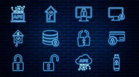 Set line USB flash drive with lock, Credit card, Lock on monitor, Server secu Stock Illustration