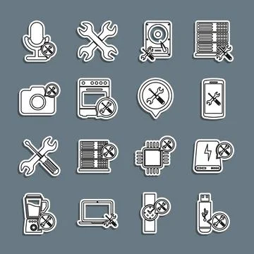Set line USB flash drive service, Power bank, Smartphone, Hard disk, Oven, Photo Stock Illustration
