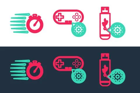 Set line USB flash drive setting, Stopwatch and Gamepad icon. Vector Stock Illustration