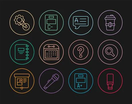 Set line USB flash drive, Magnifying glass, Speech bubbles with Answer, Calendar Illustrazione stock