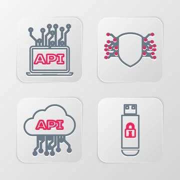 Set line USB flash drive with lock, Cloud api interface, Cyber security and Stock Illustration