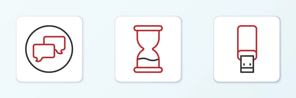 Set line USB flash drive, Speech bubble chat and Old hourglass icon. Vector Stock Illustration