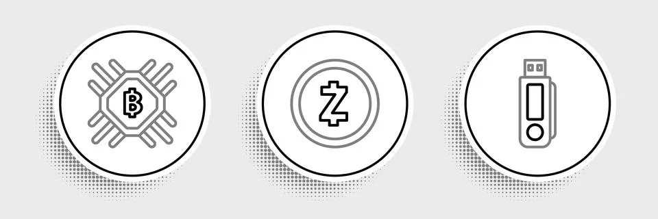 Set line USB flash drive, CPU mining farm and Cryptocurrency coin Zcash ZEC.. Illustrazione stock