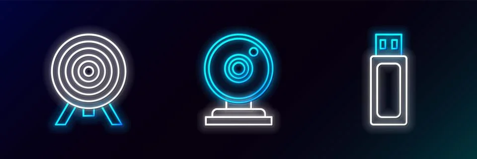 Set line USB flash drive, Target and Web camera icon. Glowing neon. Vector 스톡 일러스트
