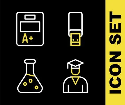Set line USB flash drive, Graduate and graduation cap, Test tube and Exam s.. Stock Illustration