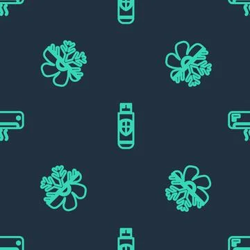 Set line USB flash drive and shield, Air conditioner and  on seamless pattern Stock Illustration