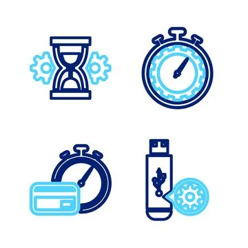 Set line USB flash drive setting, Fast payments, Time management and Hourgl.. Stock Illustration