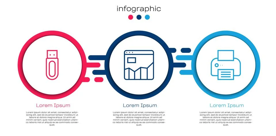 Set line USB flash drive, Graph chart infographic and Printer. Business inf.. イラスト素材