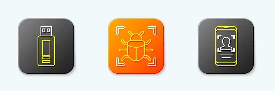 Set line USB flash drive, System bug and Mobile and face recognition icon. .. Stock Illustration