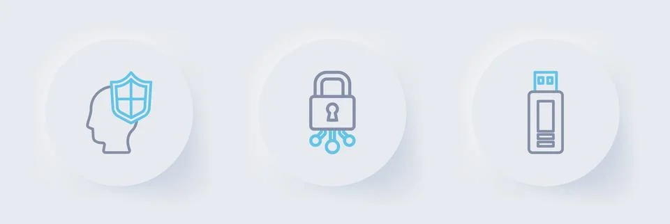 Set line USB flash drive, Cyber security and Head with shield icon. Vector Stock Illustration