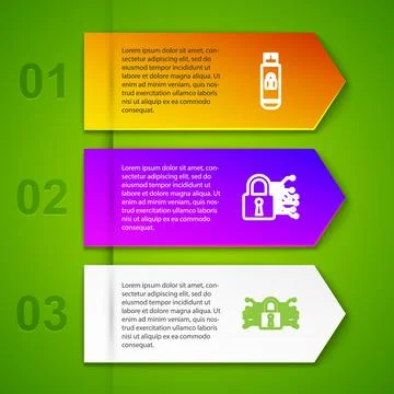 Set line USB flash drive with lock, Cyber security,  and Lock on monitor. Bus Stock Illustration