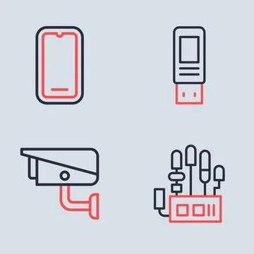 Set line USB flash drive, Security camera, Mechanical robot hand and Mobile.. Stock Illustration