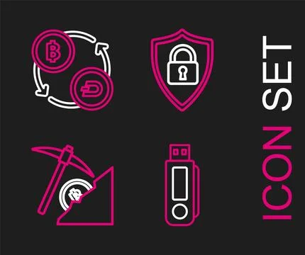 Set line USB flash drive, Cryptocurrency cloud mining, Shield security with.. Stock Illustration