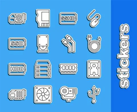 Set line USB, Hard disk drive HDD, Electric plug, SSHD card, Optical disc, SSD Stock Illustration