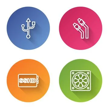 Set line USB, LAN cable network internet, SSHD card and Computer cooler. Color Stock Illustration