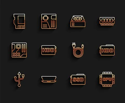 Set line USB, Laptop, SD card, SSD, Processor with CPU, Hard disk drive HDD, and Illustrazione stock
