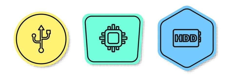 Set line USB, Processor with CPU and Hard disk drive HDD. Colored shapes. Vector Illustrazione stock