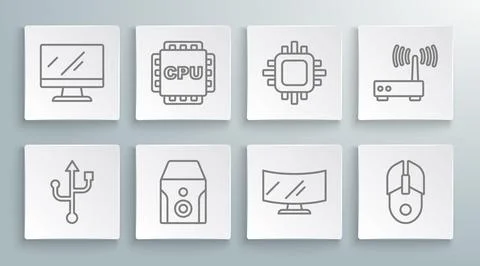 Set line USB, Processor with CPU, Uninterruptible power supply, Computer monitor Illustrazione stock