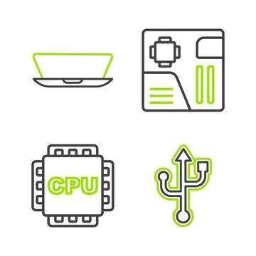 Set line USB, Processor with CPU, Motherboard digital chip and Laptop icon... Stock Illustration